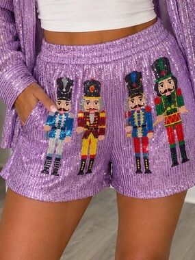 Lavender Sequin Nutcracker High-Waist Women’s Shorts